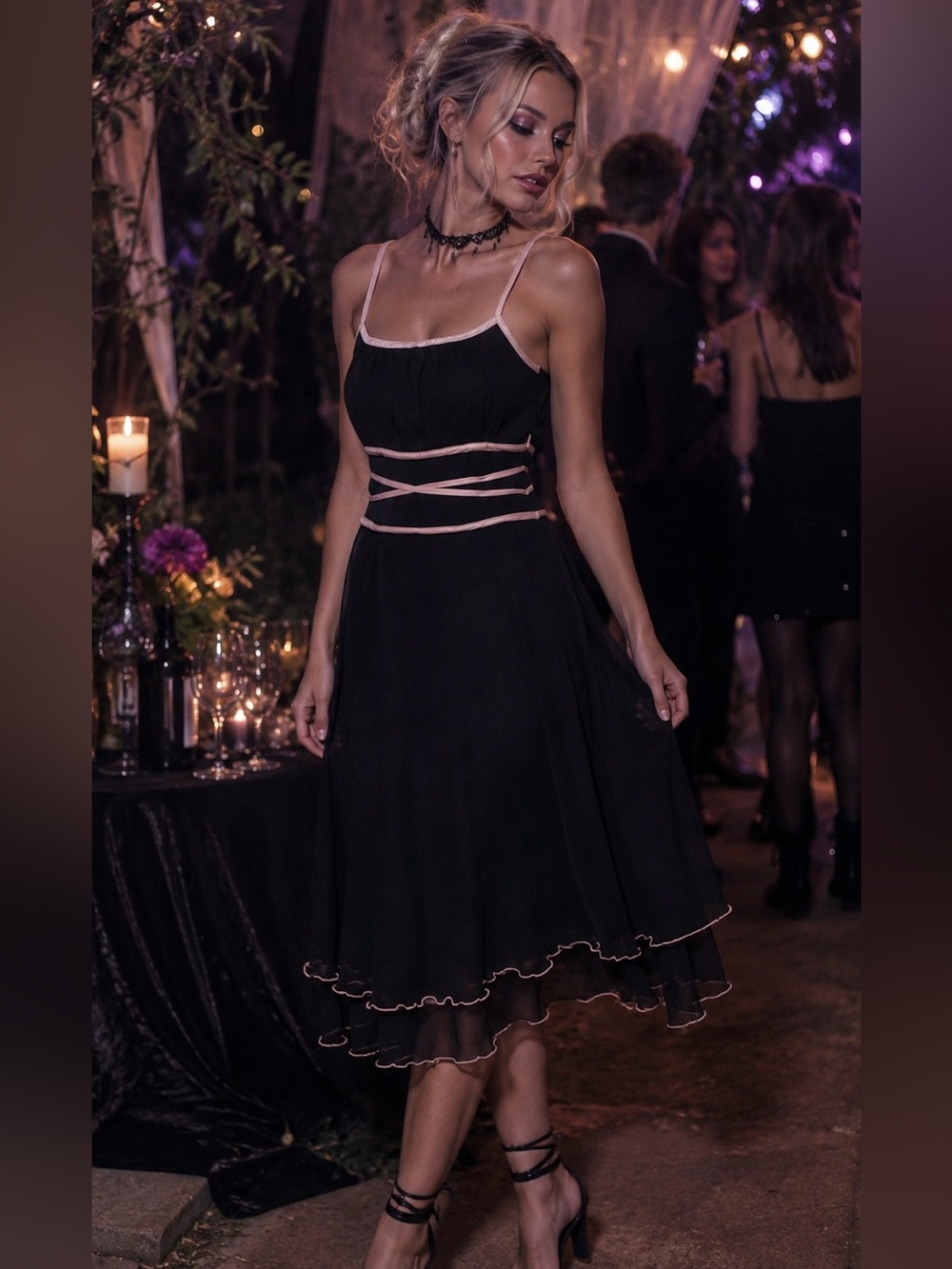 VTG Y2K My Michelle Dress S M Black Pink Chiffon Dark Fairy Grunge Tie Back Midi